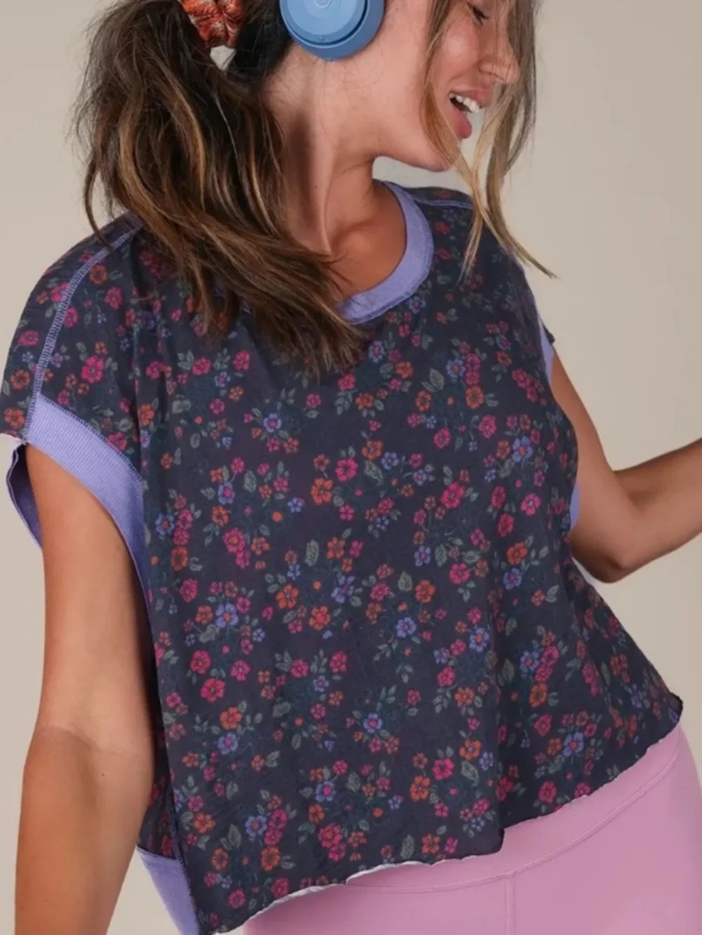 NATURAL LIFE Navy Floral Crop Top with Lavender Trim - Picture 1 of 5